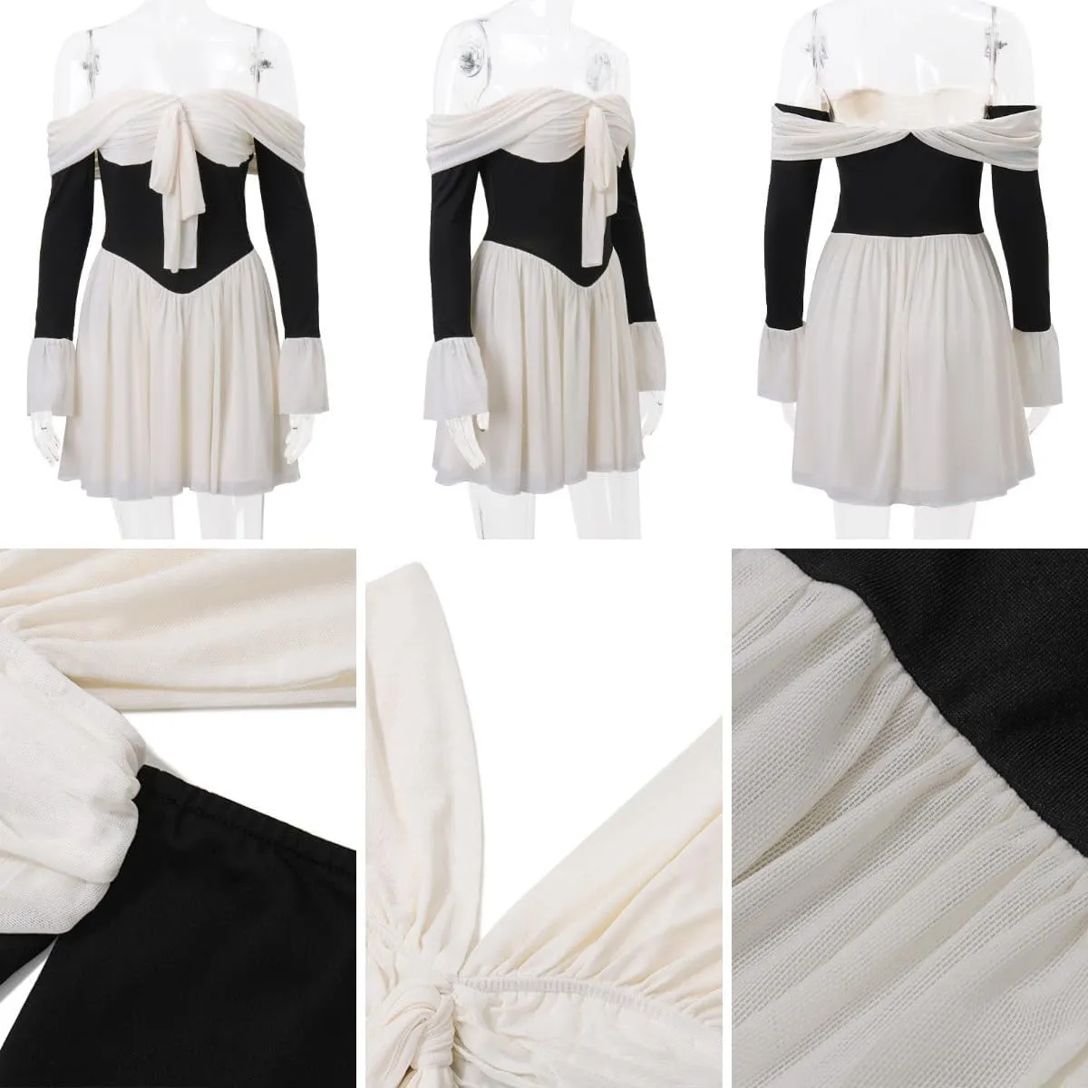 AIBEARTY Women's Elegant Long Flared Sleeve Off Shoulder Mini Dress Sexy Tie Up Bow Backless Pleated Bodycon for Club Party