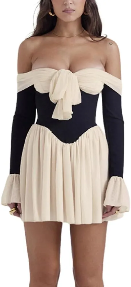 AIBEARTY Women's Elegant Long Flared Sleeve Off Shoulder Mini Dress Sexy Tie Up Bow Backless Pleated Bodycon for Club Party