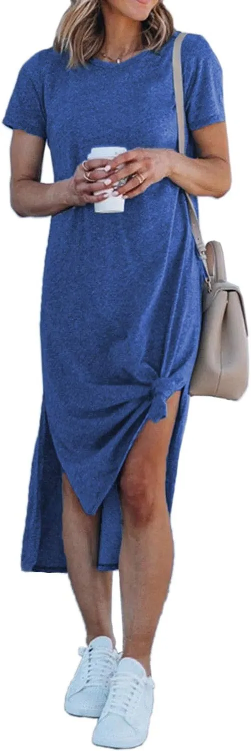 Alaster Womens Casual T-Shirt Midi Dress 2025 Short Sleeve Summer High Splits Dress with Pocket High Low Solid Midi Dress
