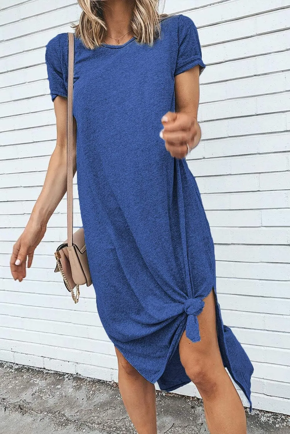 Alaster Womens Casual T-Shirt Midi Dress 2025 Short Sleeve Summer High Splits Dress with Pocket High Low Solid Midi Dress