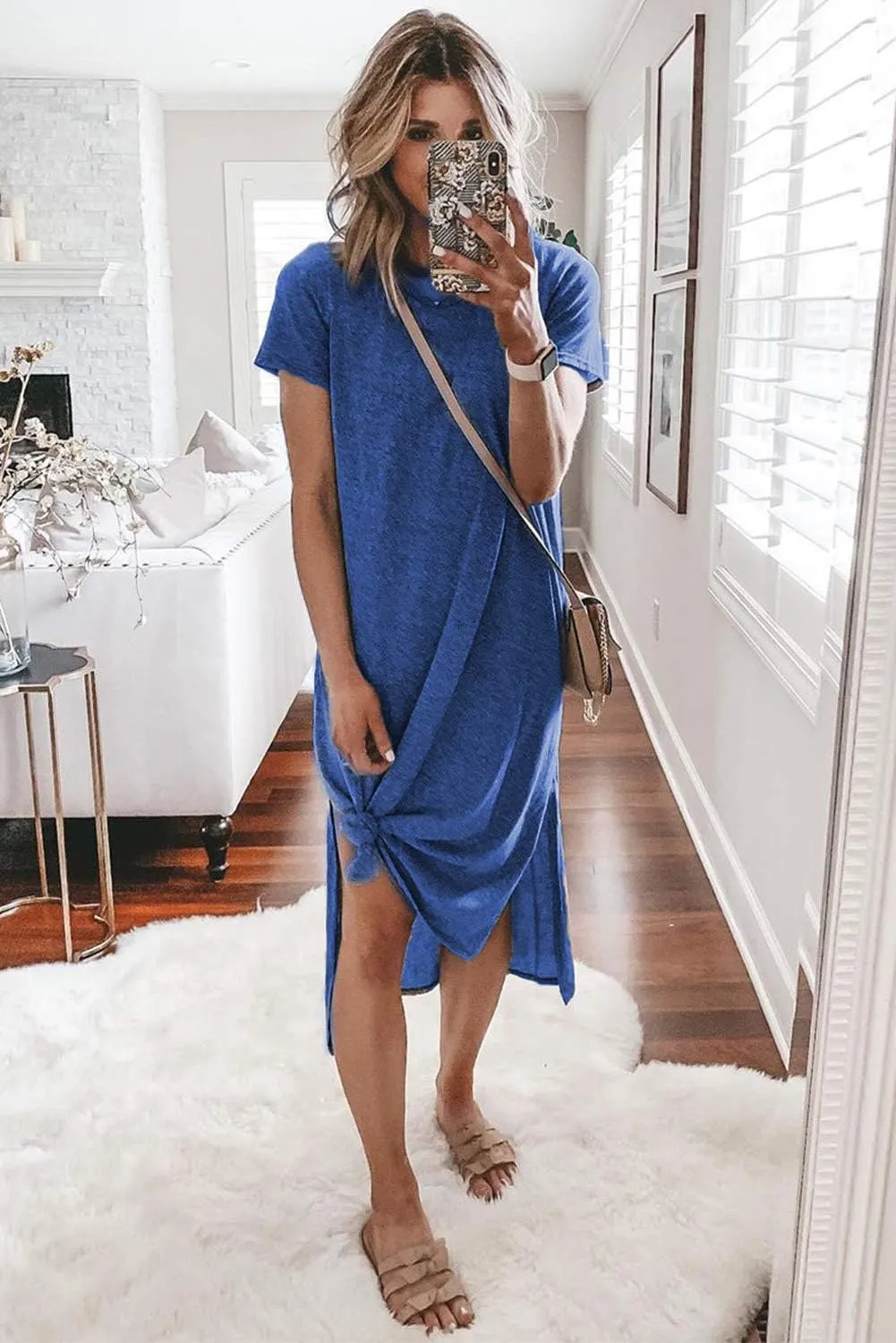Alaster Womens Casual T-Shirt Midi Dress 2025 Short Sleeve Summer High Splits Dress with Pocket High Low Solid Midi Dress