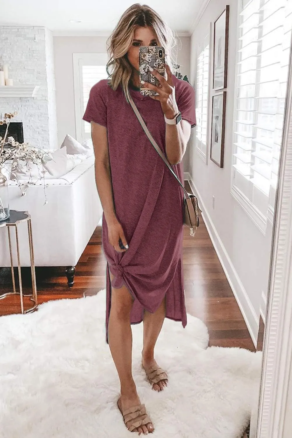 Alaster Womens Casual T-Shirt Midi Dress 2025 Short Sleeve Summer High Splits Dress with Pocket High Low Solid Midi Dress