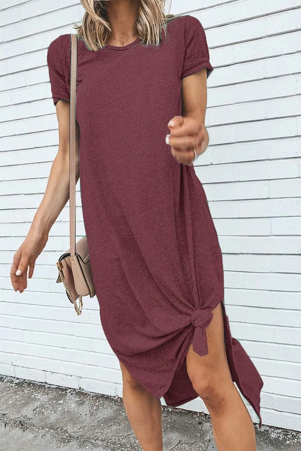 Alaster Womens Casual T-Shirt Midi Dress 2025 Short Sleeve Summer High Splits Dress with Pocket High Low Solid Midi Dress