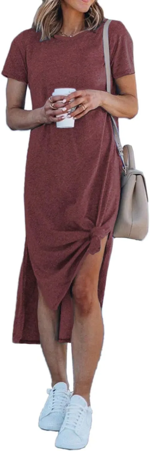 Alaster Womens Casual T-Shirt Midi Dress 2025 Short Sleeve Summer High Splits Dress with Pocket High Low Solid Midi Dress