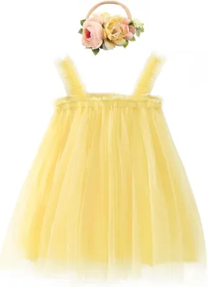 Baby Girls Tulle Tutu Sleeveless Backless Dress with Flower Headband Birthday Party Princess Summer Beach Sundress Skirt Set