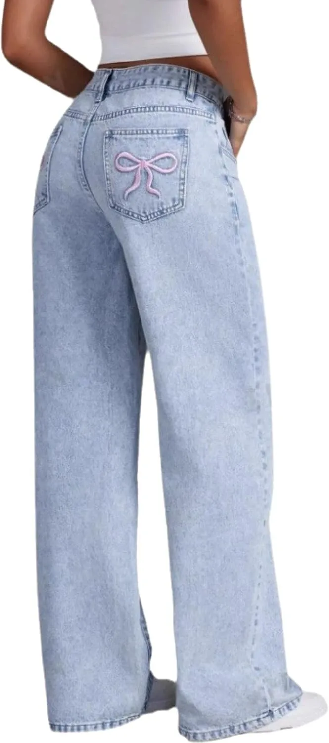 Baggy Jeans for Teen Girls Woman Bow Jeans High Waist Wide Leg Loose Pants Casual Streetwear Cute Clothes