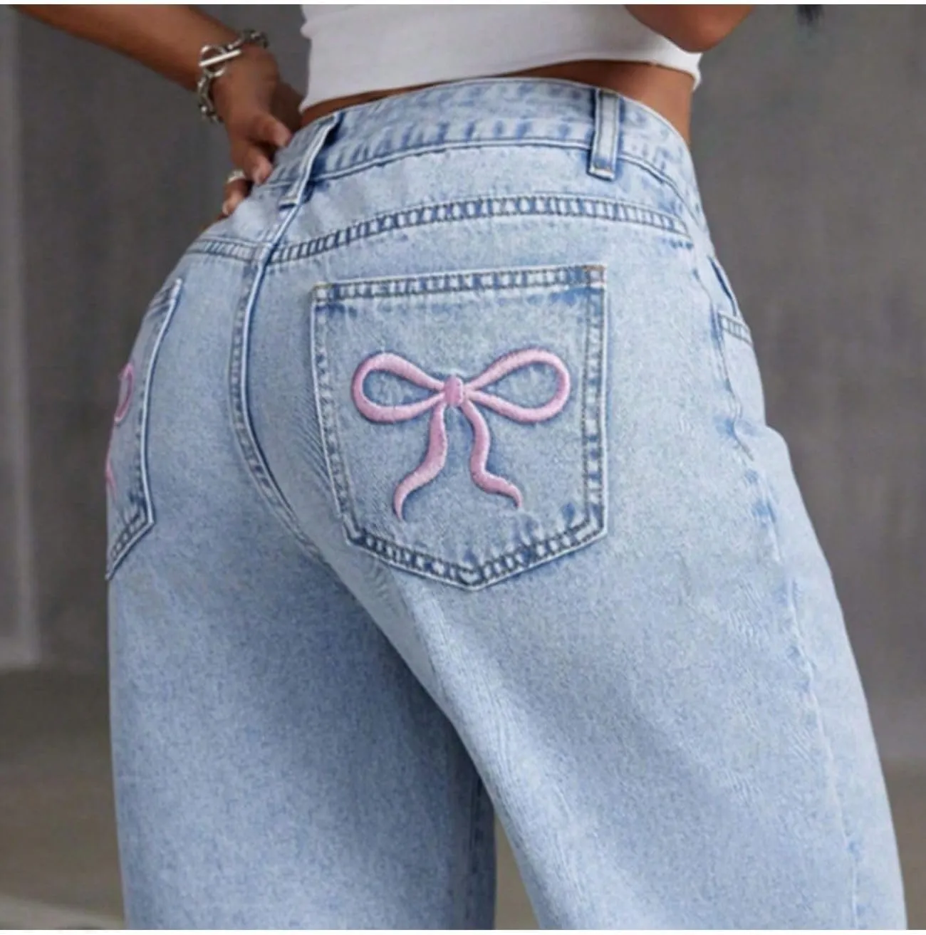 Baggy Jeans for Teen Girls Woman Bow Jeans High Waist Wide Leg Loose Pants Casual Streetwear Cute Clothes