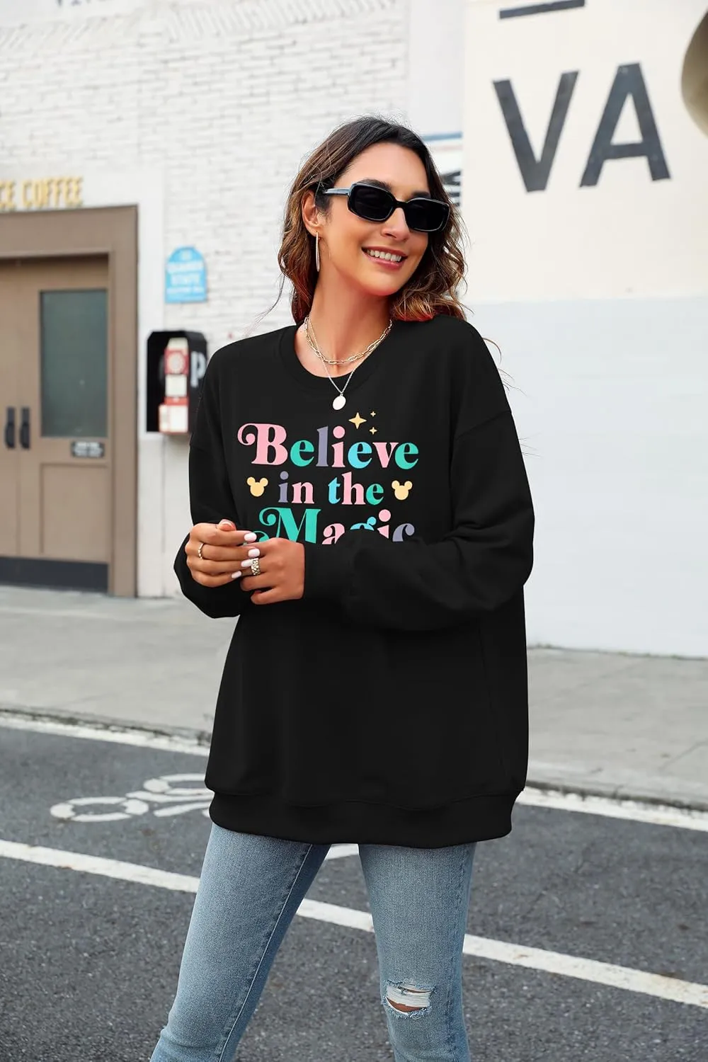 BANGELY Magical Sweatshirt Women Magic Kingdom Shirt Funny Believe in Magic Graphic Pullover Family Holiday Long Sleeve Tops