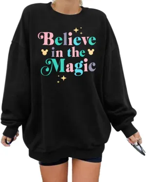 BANGELY Magical Sweatshirt Women Magic Kingdom Shirt Funny Believe in Magic Graphic Pullover Family Holiday Long Sleeve Tops