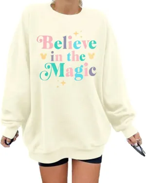 BANGELY Magical Sweatshirt Women Magic Kingdom Shirt Funny Believe in Magic Graphic Pullover Family Holiday Long Sleeve Tops