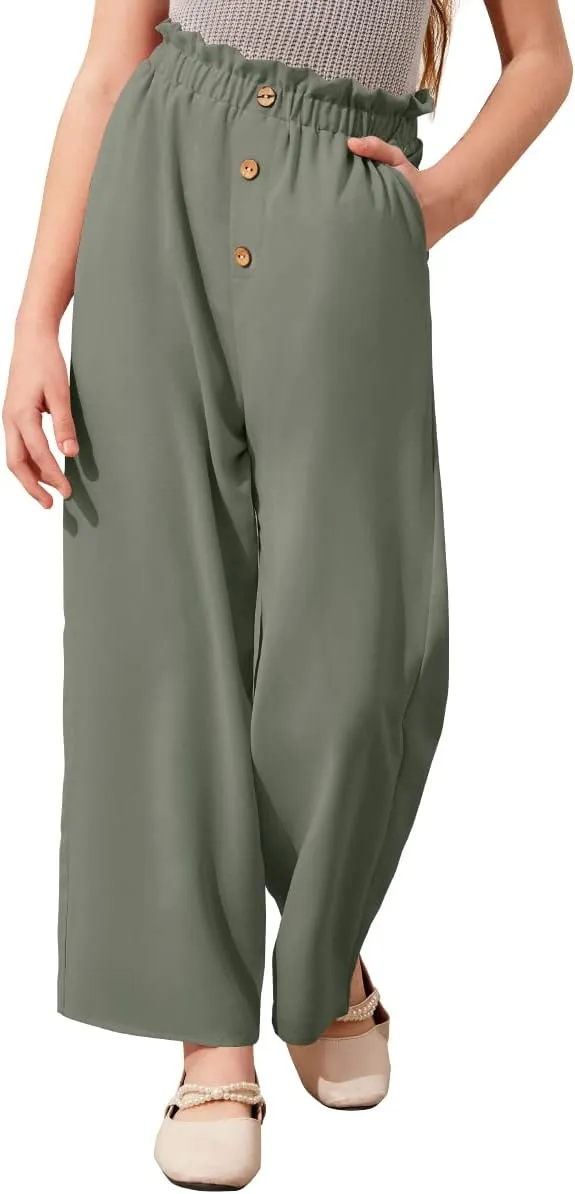 Batermoon Girls' Pants Paper Bag Elastic Waist Wide Leg Loose Trousers with Pocket