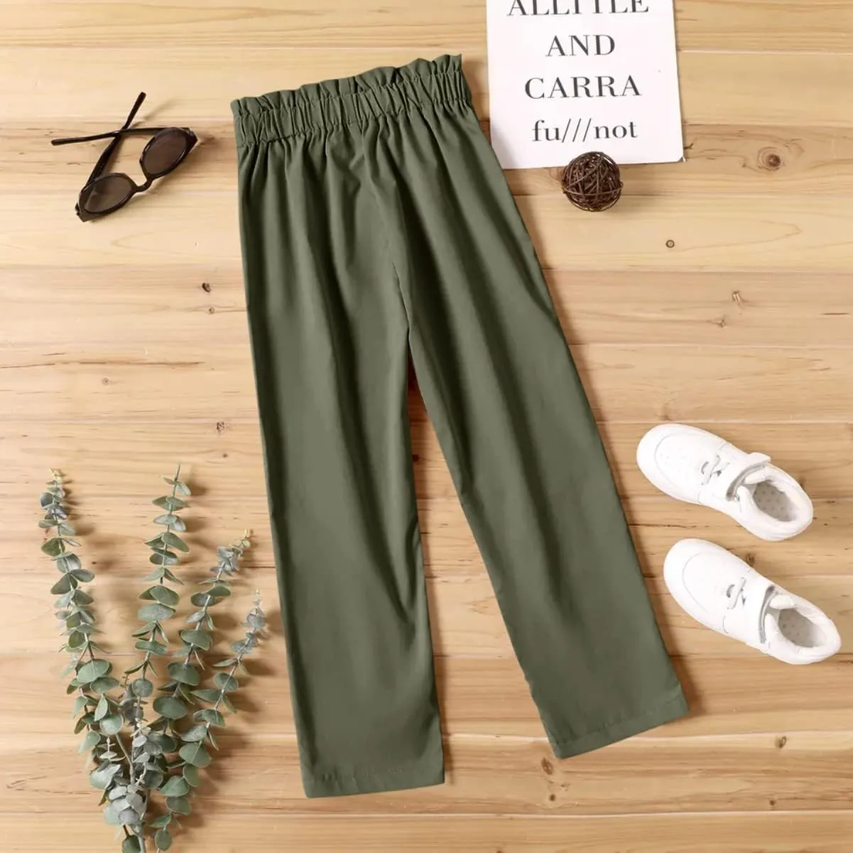 Batermoon Girls' Pants Paper Bag Elastic Waist Wide Leg Loose Trousers with Pocket