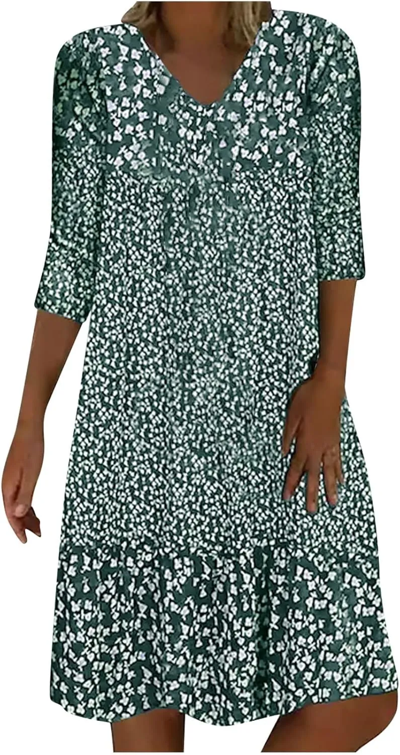 Beach Dresses for Women 3/4 Sleeve V Neck Boho Vacation Dress Loose Fit Floral Summer Casual Trendy Sundress