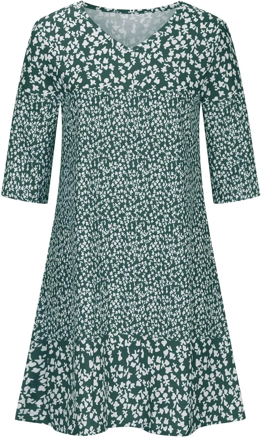 Beach Dresses for Women 3/4 Sleeve V Neck Boho Vacation Dress Loose Fit Floral Summer Casual Trendy Sundress