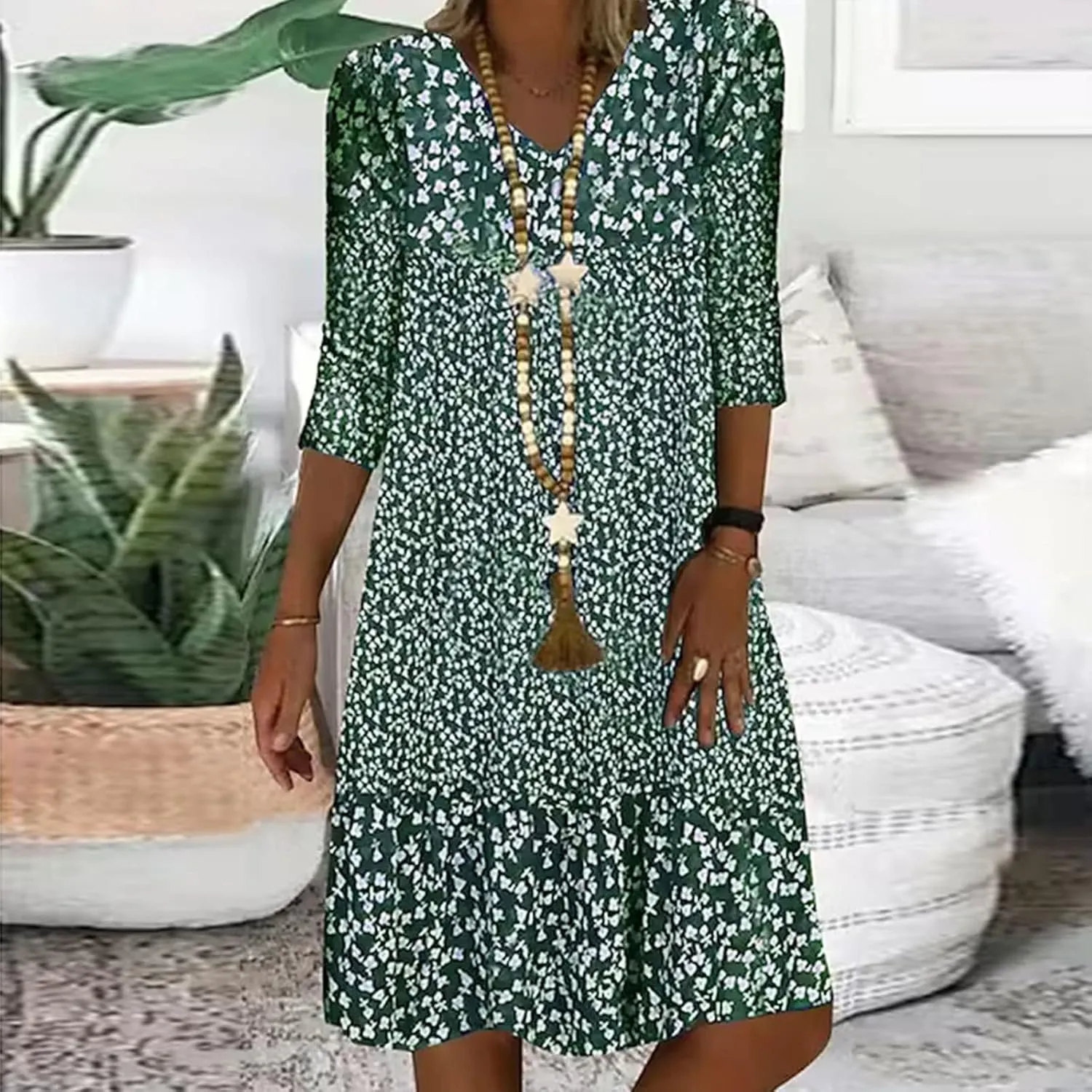 Beach Dresses for Women 3/4 Sleeve V Neck Boho Vacation Dress Loose Fit Floral Summer Casual Trendy Sundress