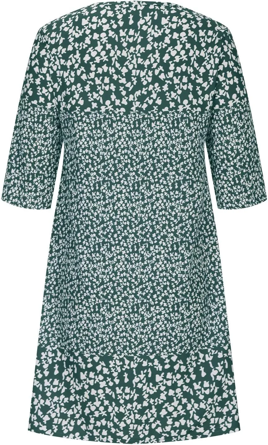 Beach Dresses for Women 3/4 Sleeve V Neck Boho Vacation Dress Loose Fit Floral Summer Casual Trendy Sundress