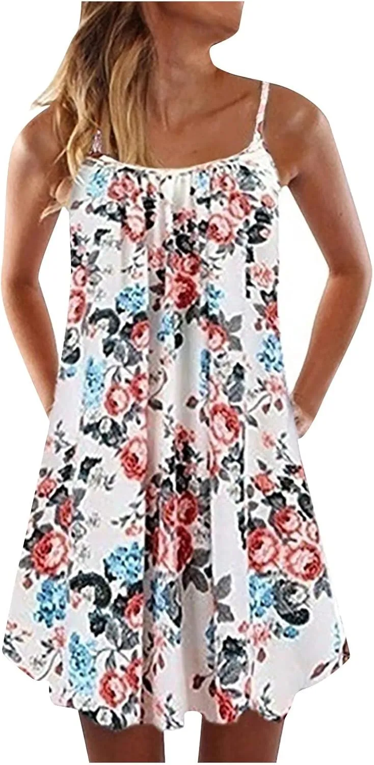 Beach Dresses for Women,2024 Summer Casual Loose Sleeveless Sling Sundress,Trendy Print Flowy Ruched Mini Boho Dress