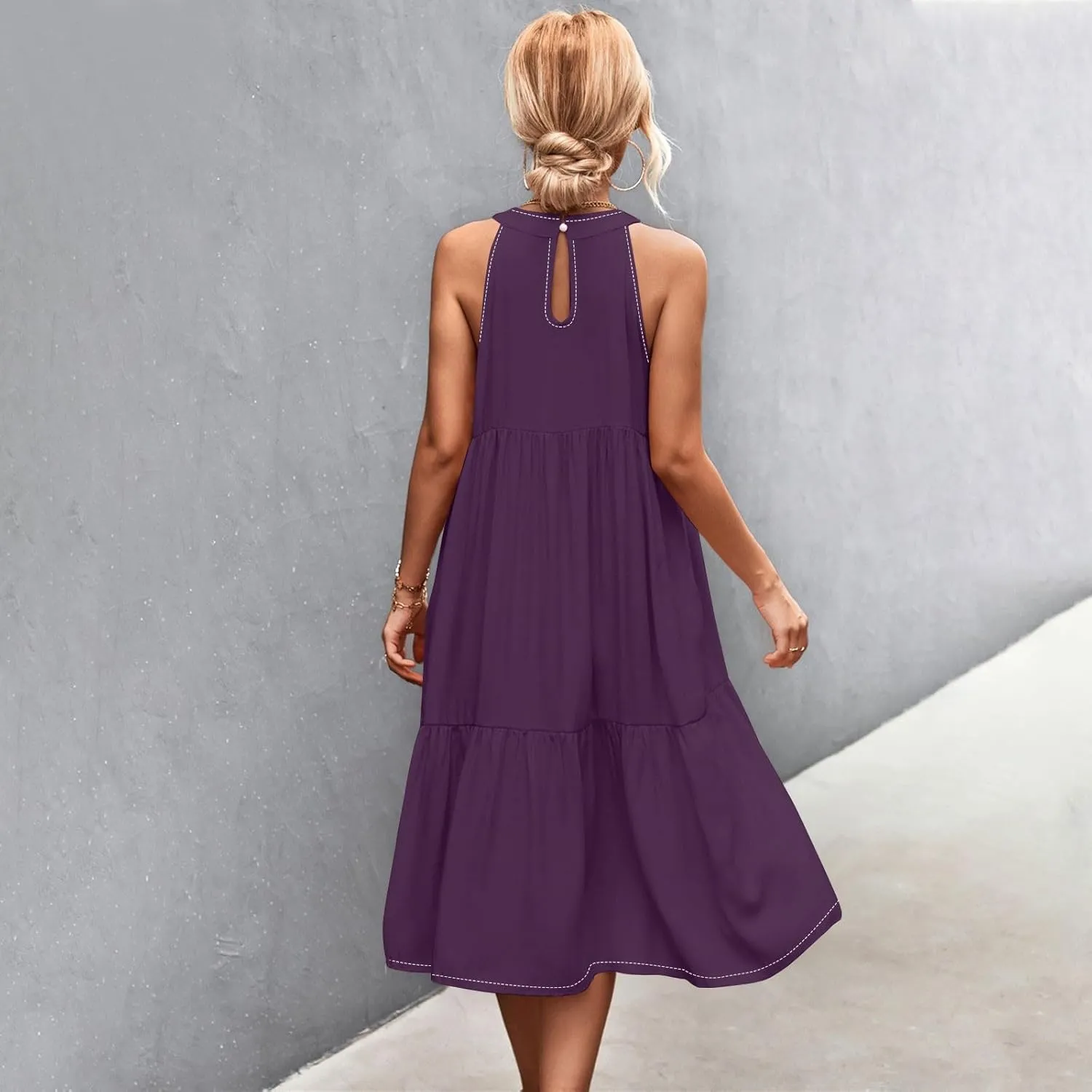 Beach Dresses for Women,2025 Summer Trendy Sleeveless Halter A Line Sundress,Flowy Pleated Tiered Swing Boho Dress
