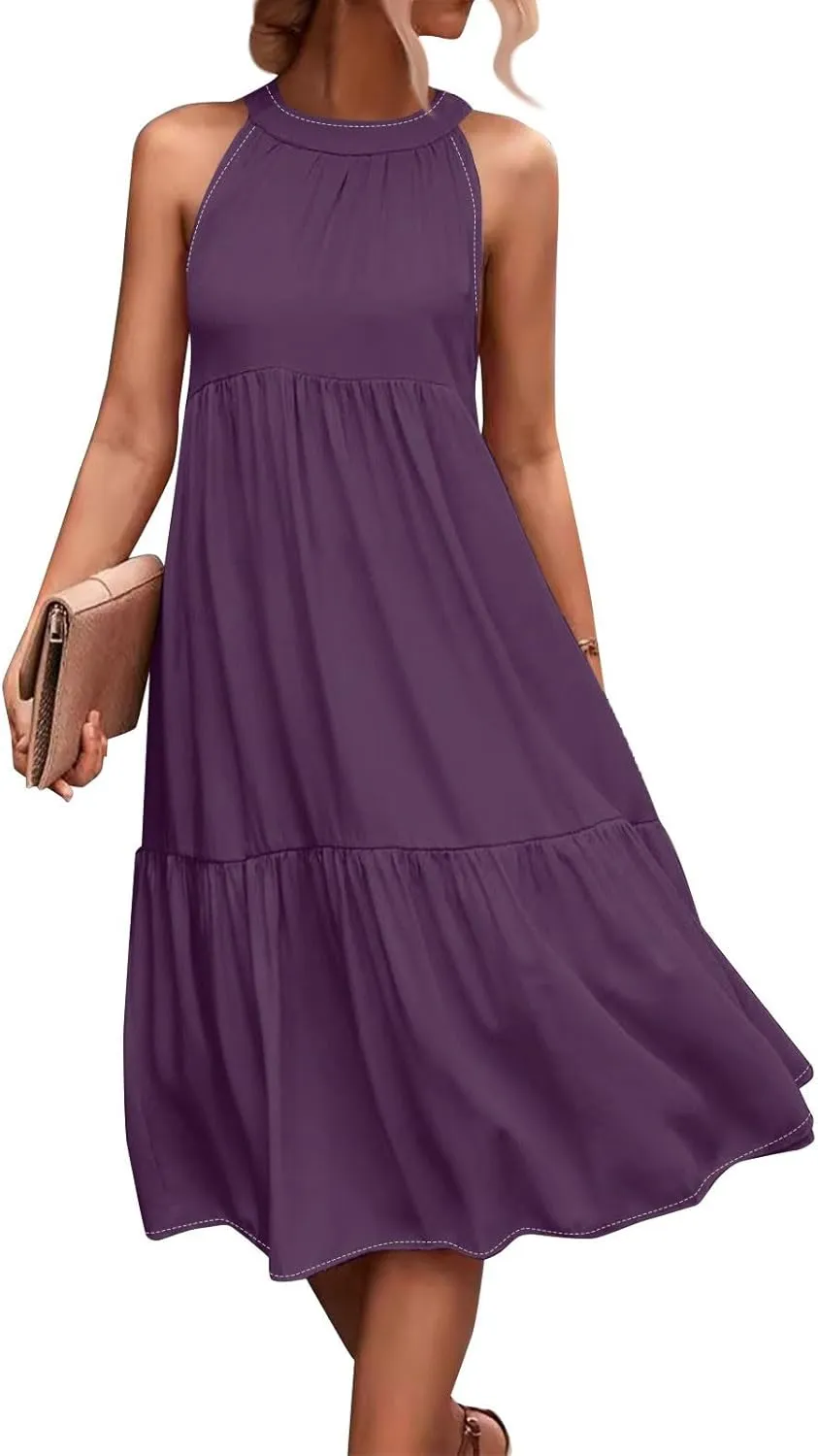 Beach Dresses for Women,2025 Summer Trendy Sleeveless Halter A Line Sundress,Flowy Pleated Tiered Swing Boho Dress