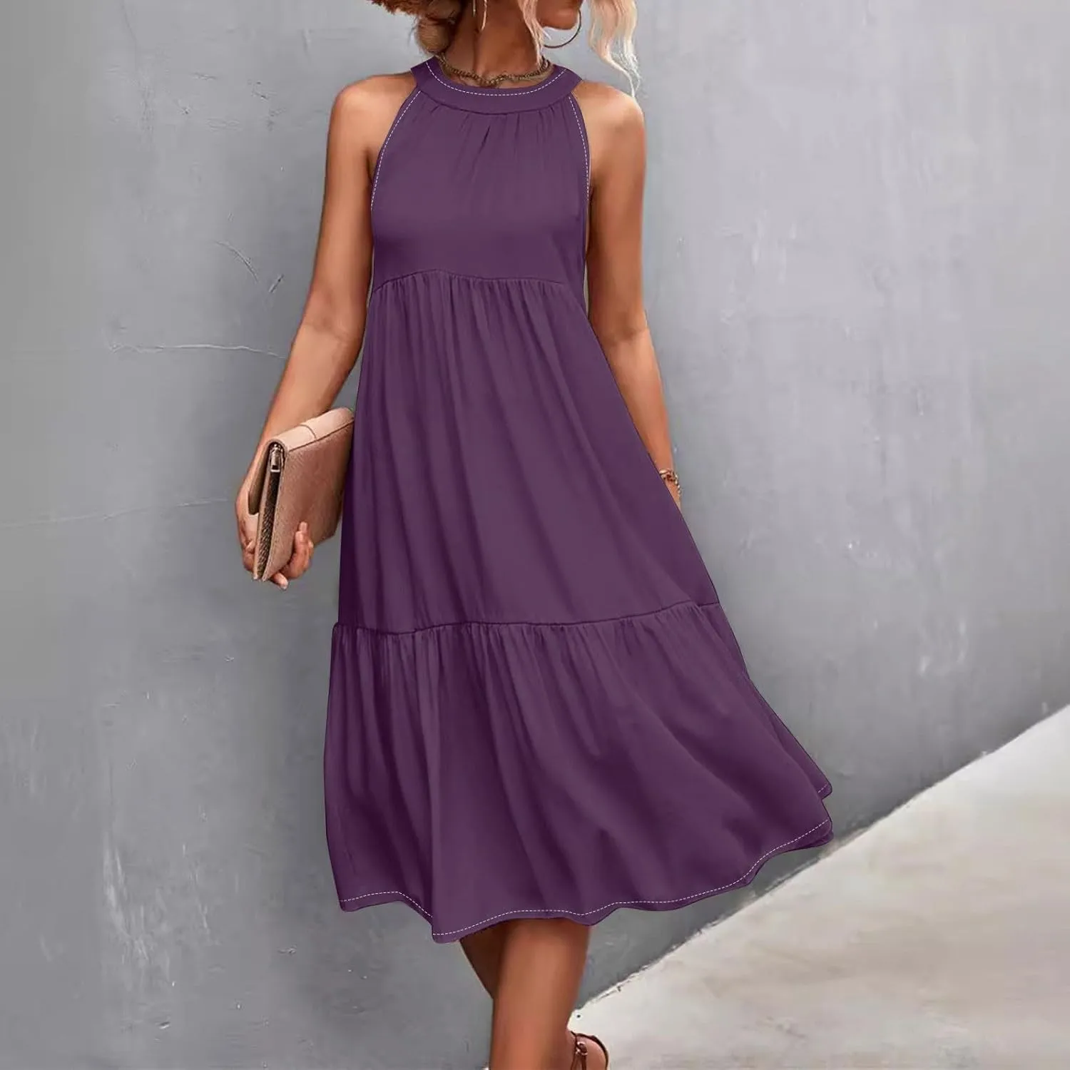 Beach Dresses for Women,2025 Summer Trendy Sleeveless Halter A Line Sundress,Flowy Pleated Tiered Swing Boho Dress