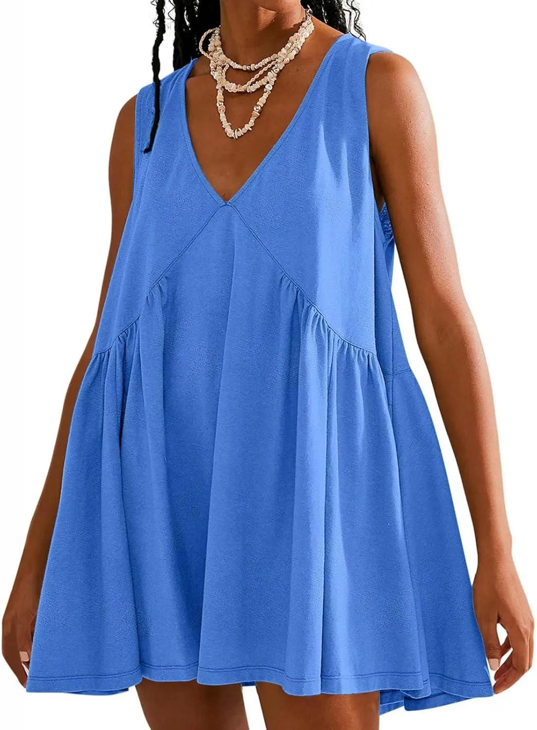 Beach Mini Dress for Women Sleeveless V-Neck Pleated Dresses Summer Solid Loose Sundress Casual Flowy Swing Dress