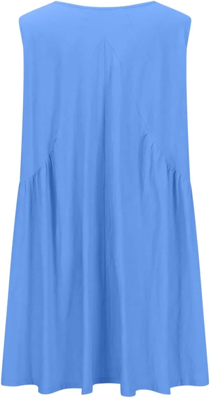 Beach Mini Dress for Women Sleeveless V-Neck Pleated Dresses Summer Solid Loose Sundress Casual Flowy Swing Dress