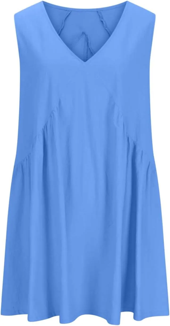 Beach Mini Dress for Women Sleeveless V-Neck Pleated Dresses Summer Solid Loose Sundress Casual Flowy Swing Dress