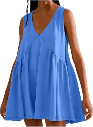 Beach Mini Dress for Women Sleeveless V-Neck Pleated Dresses Summer Solid Loose Sundress Casual Flowy Swing Dress
