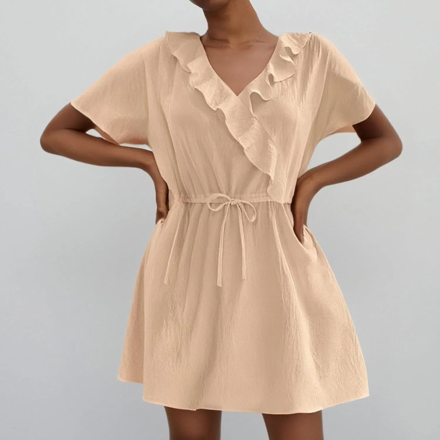 Beach Vacation Clothes for Women Fashion Casual V-Neck Ruffle Short Sleeve Dresses Beach A-Line Mini Dress Sundress