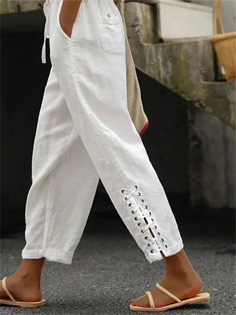BIRW Womens Linen Pants with Pockets High Waist Comfy White Gauze Pants Casua Lightweight Loose Trousers