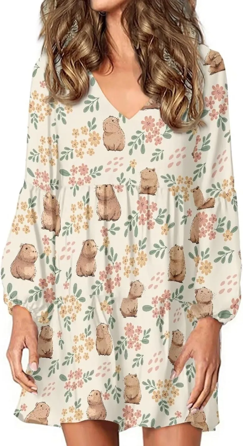 Biyejit Women Long Sleeve Tunic Dress V Neck Casual Loose Flowy Swing Dresses Plus Size S-4XL
