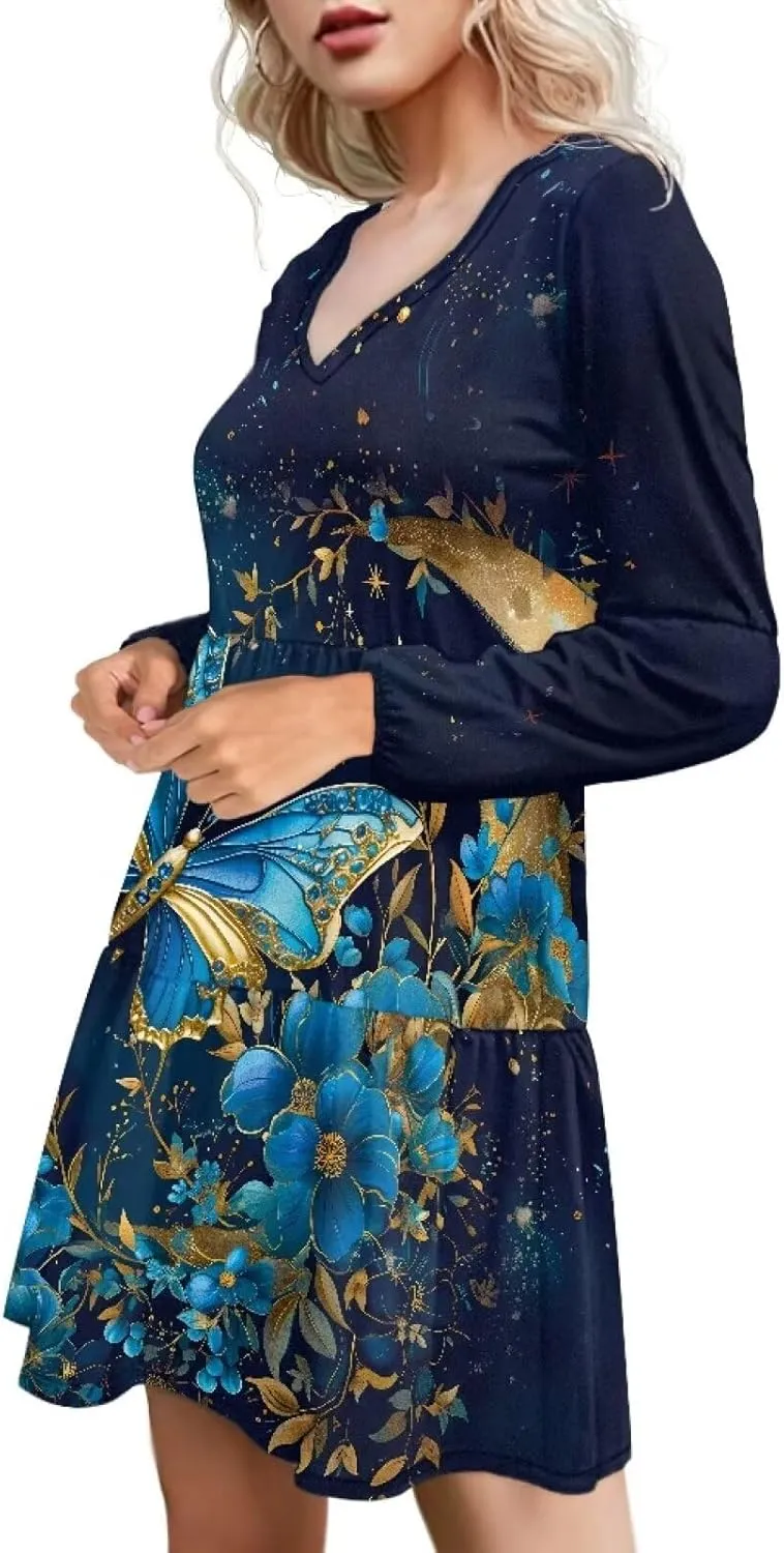 Biyejit Women Long Sleeve Tunic Dress V Neck Casual Loose Flowy Swing Dresses Plus Size S-4XL