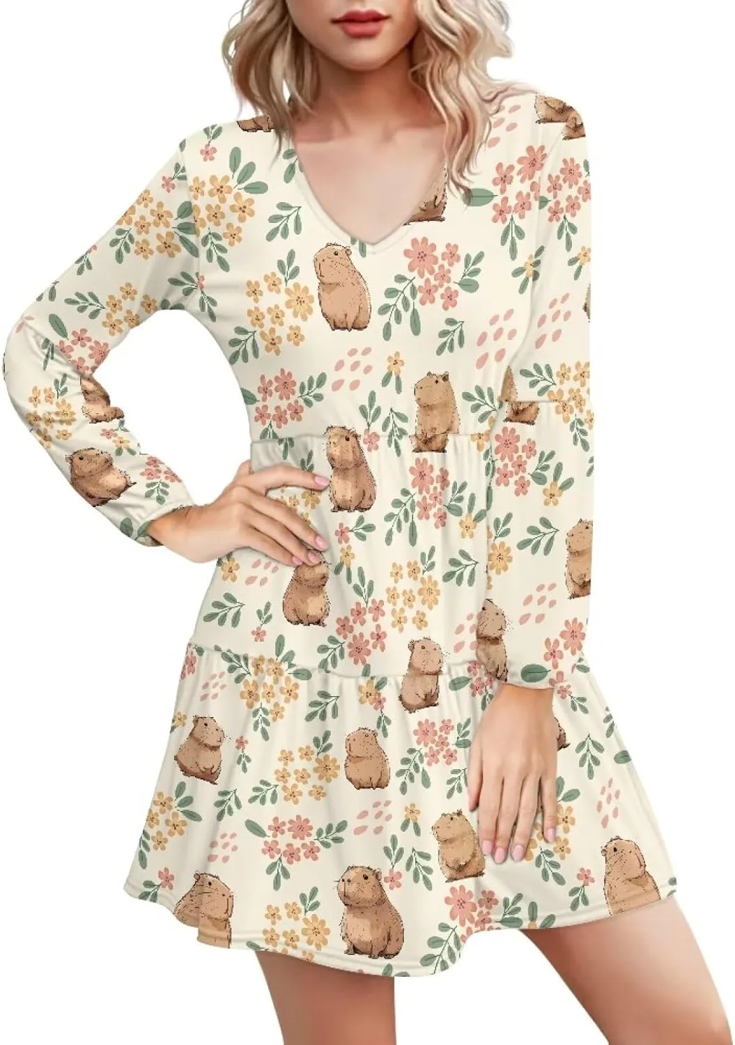 Biyejit Women Long Sleeve Tunic Dress V Neck Casual Loose Flowy Swing Dresses Plus Size S-4XL