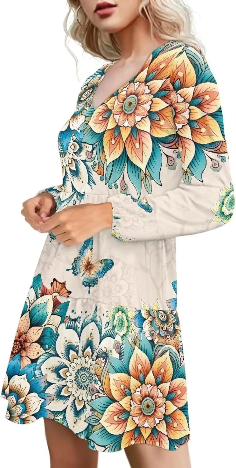 Biyejit Women Long Sleeve Tunic Dress V Neck Casual Loose Flowy Swing Dresses Plus Size S-4XL