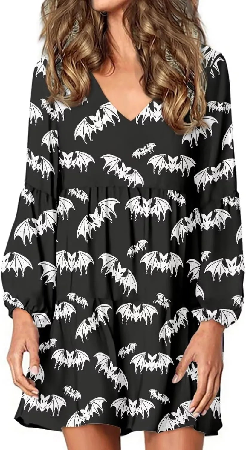 Biyejit Women Long Sleeve Tunic Dress V Neck Casual Loose Flowy Swing Dresses Plus Size S-4XL