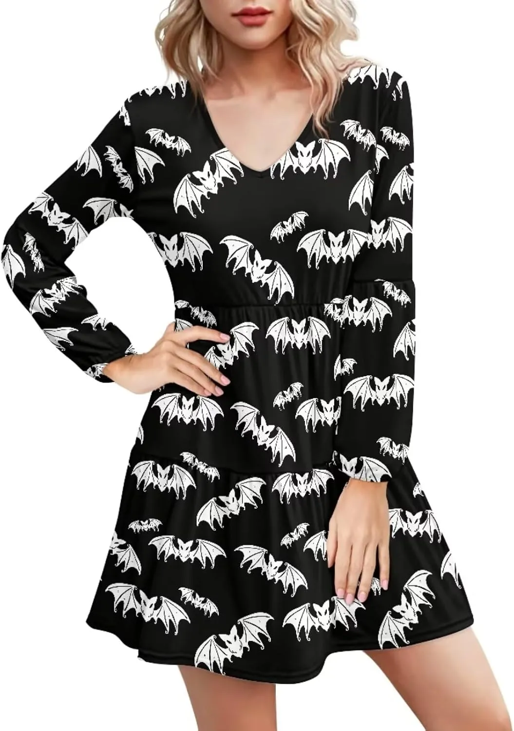 Biyejit Women Long Sleeve Tunic Dress V Neck Casual Loose Flowy Swing Dresses Plus Size S-4XL