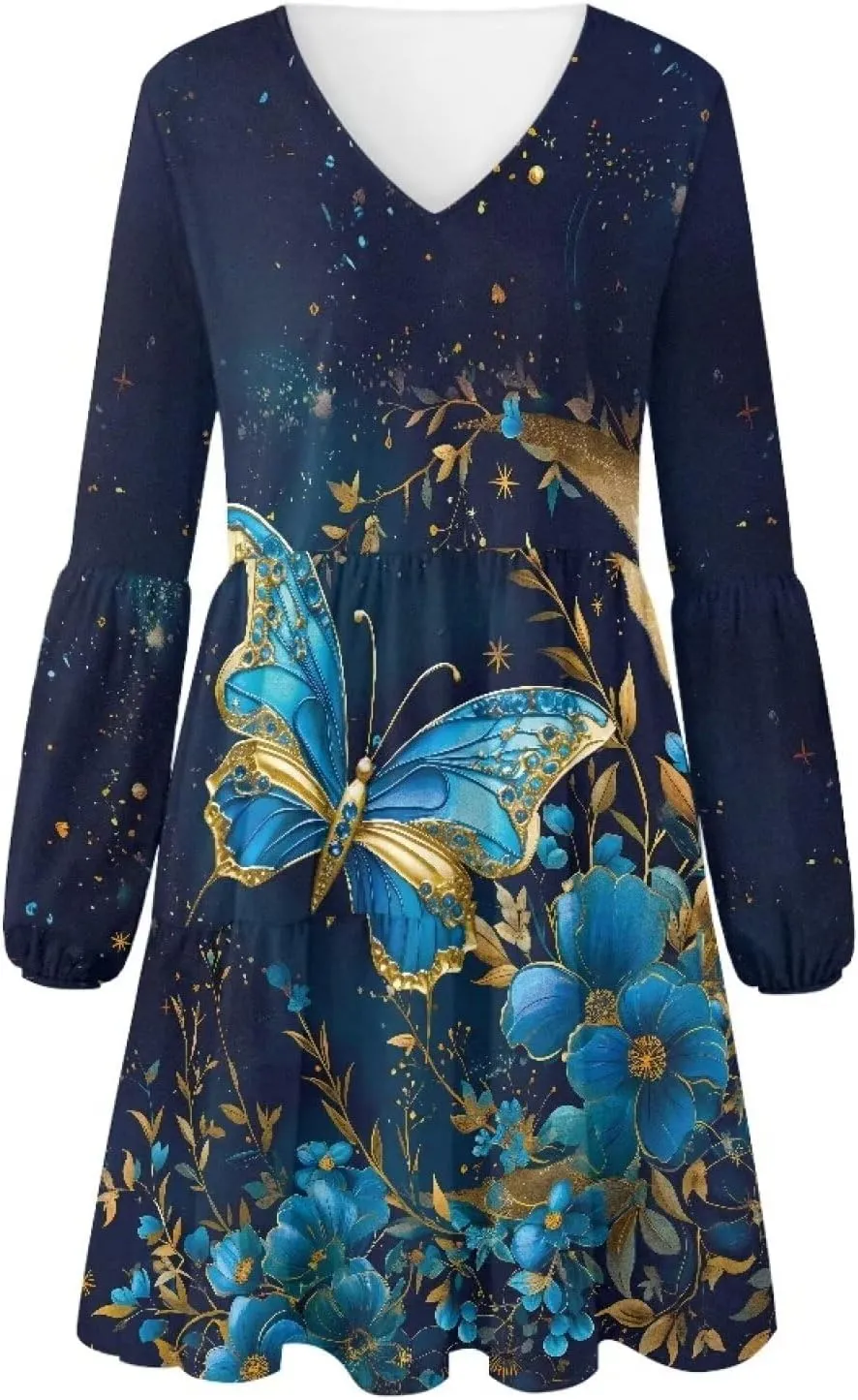 Biyejit Women Long Sleeve Tunic Dress V Neck Casual Loose Flowy Swing Dresses Plus Size S-4XL
