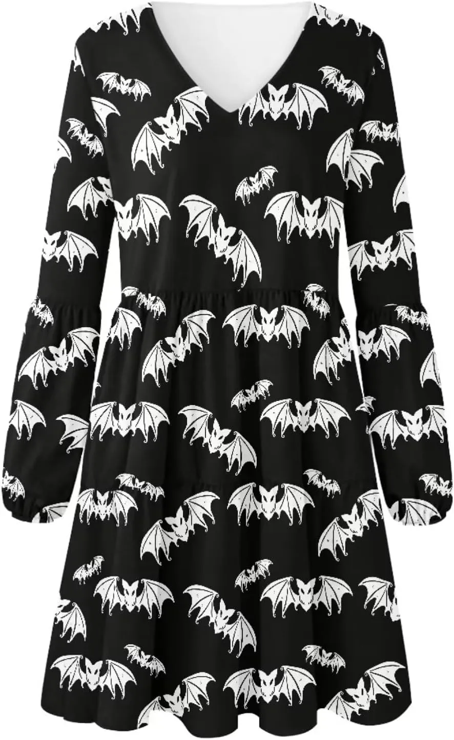 Biyejit Women Long Sleeve Tunic Dress V Neck Casual Loose Flowy Swing Dresses Plus Size S-4XL