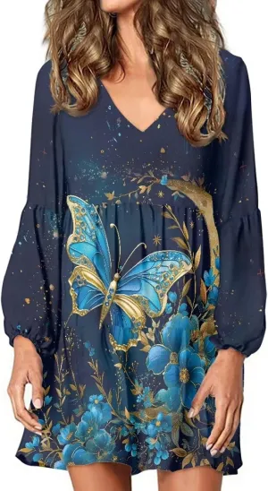 Biyejit Women Long Sleeve Tunic Dress V Neck Casual Loose Flowy Swing Dresses Plus Size S-4XL