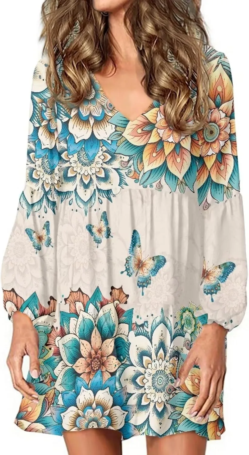 Biyejit Women Long Sleeve Tunic Dress V Neck Casual Loose Flowy Swing Dresses Plus Size S-4XL