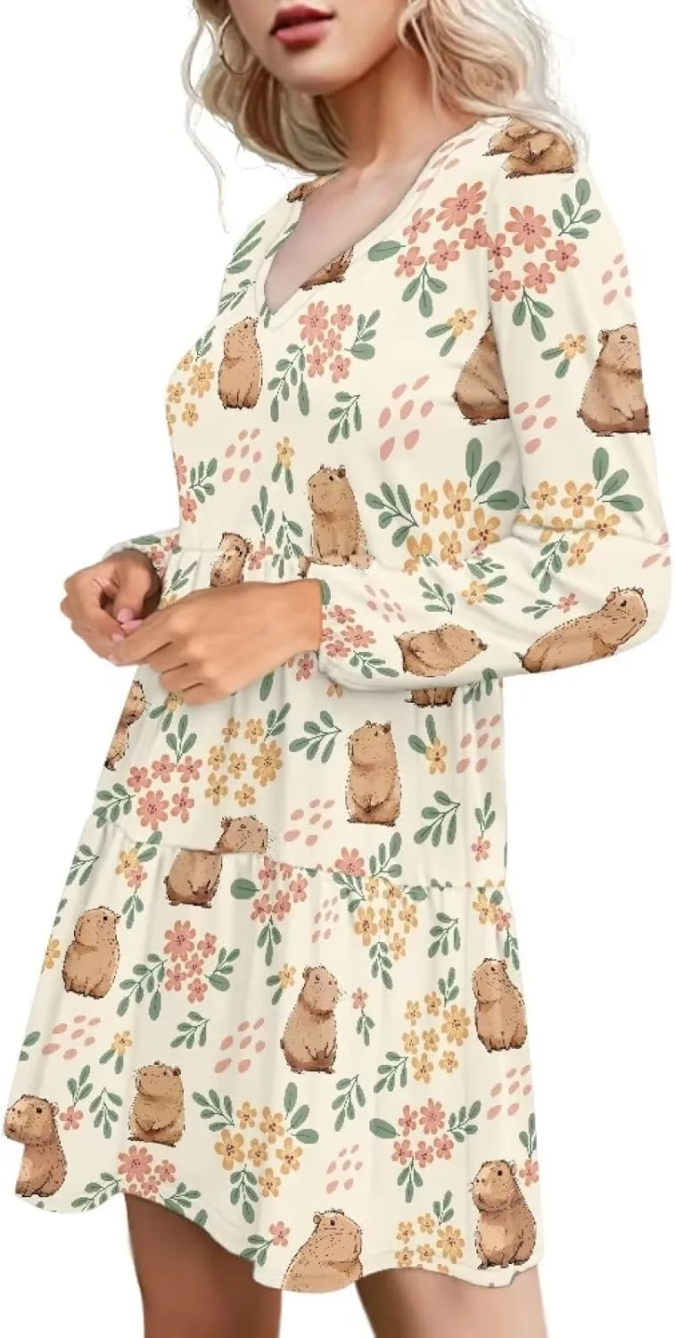 Biyejit Women Long Sleeve Tunic Dress V Neck Casual Loose Flowy Swing Dresses Plus Size S-4XL