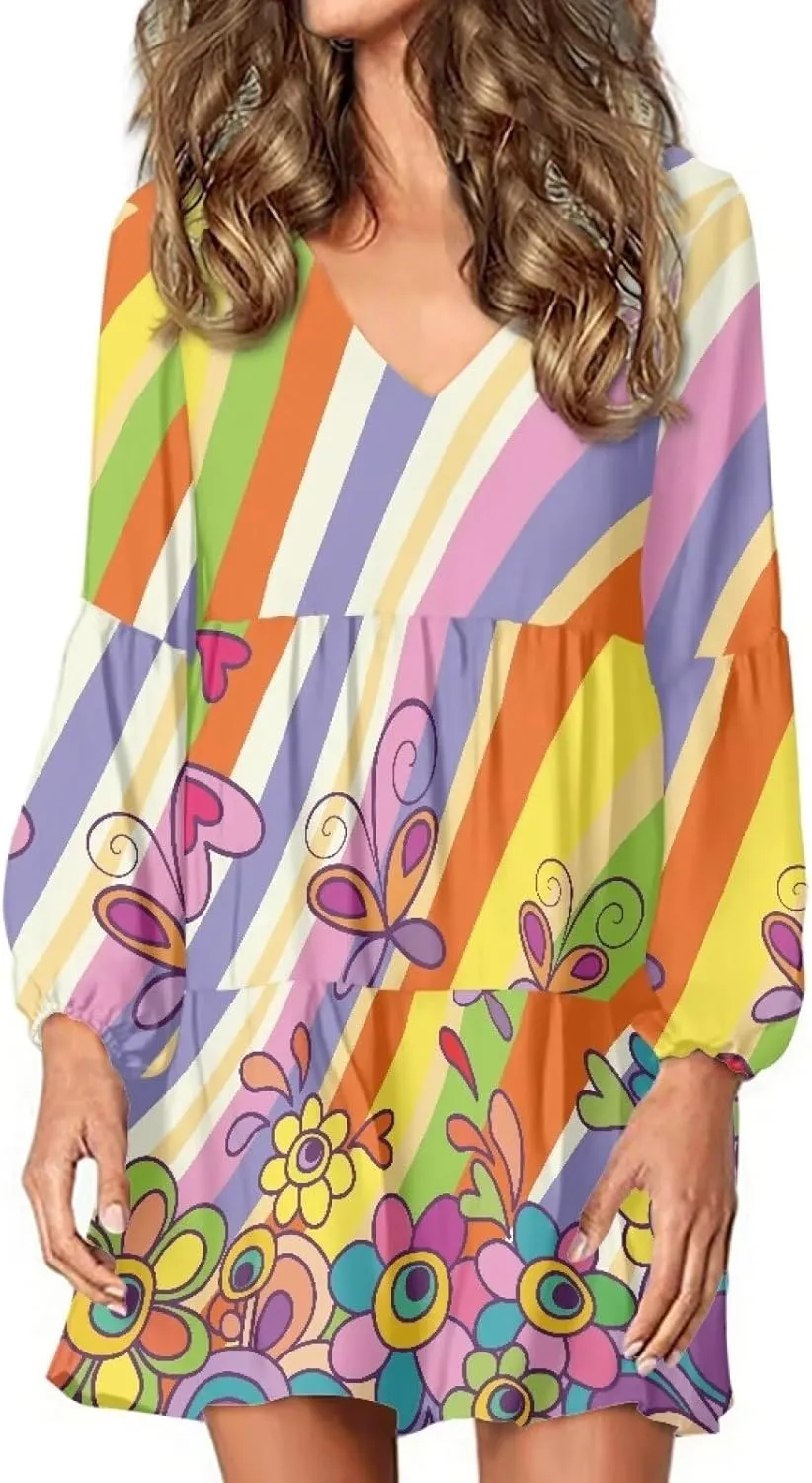 Biyejit Womens Spring V Neck Ruffle Elegant Long Sleeve Swing Skater Dresses Tunic Dress Plus Size