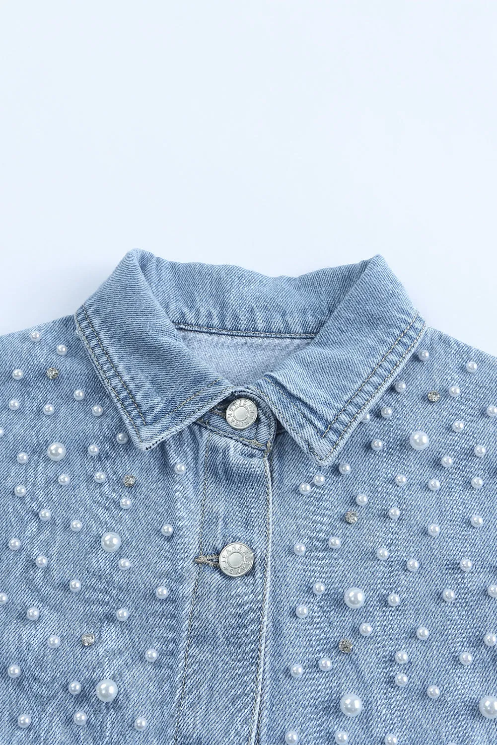 Blue Rhinestone Pearls Denim Shacket