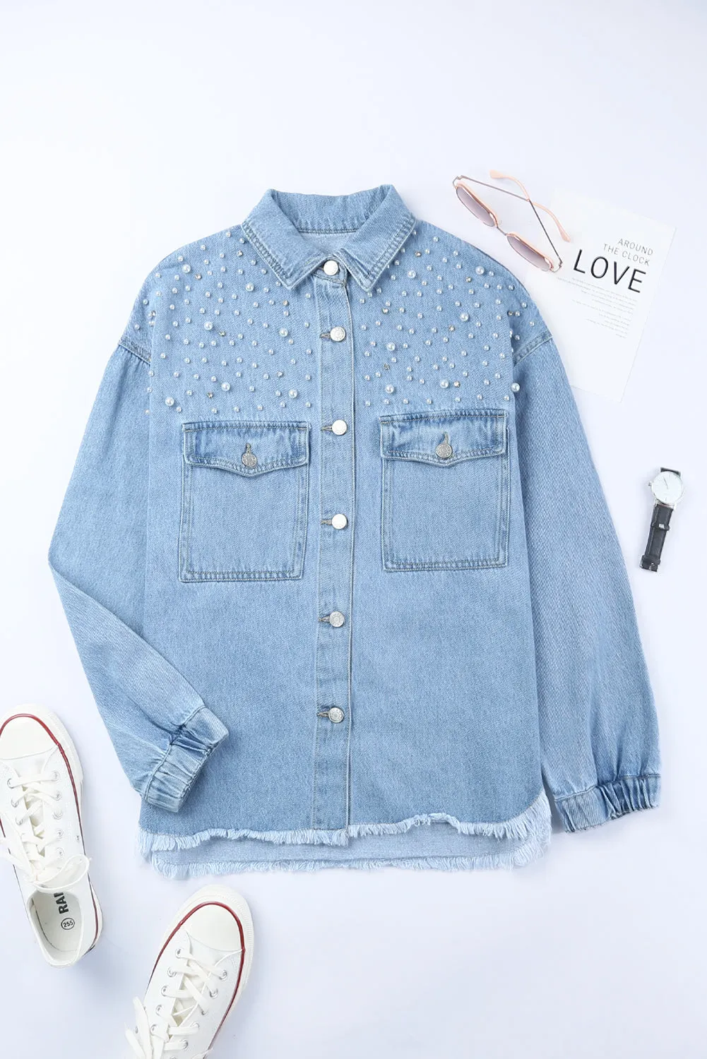 Blue Rhinestone Pearls Denim Shacket