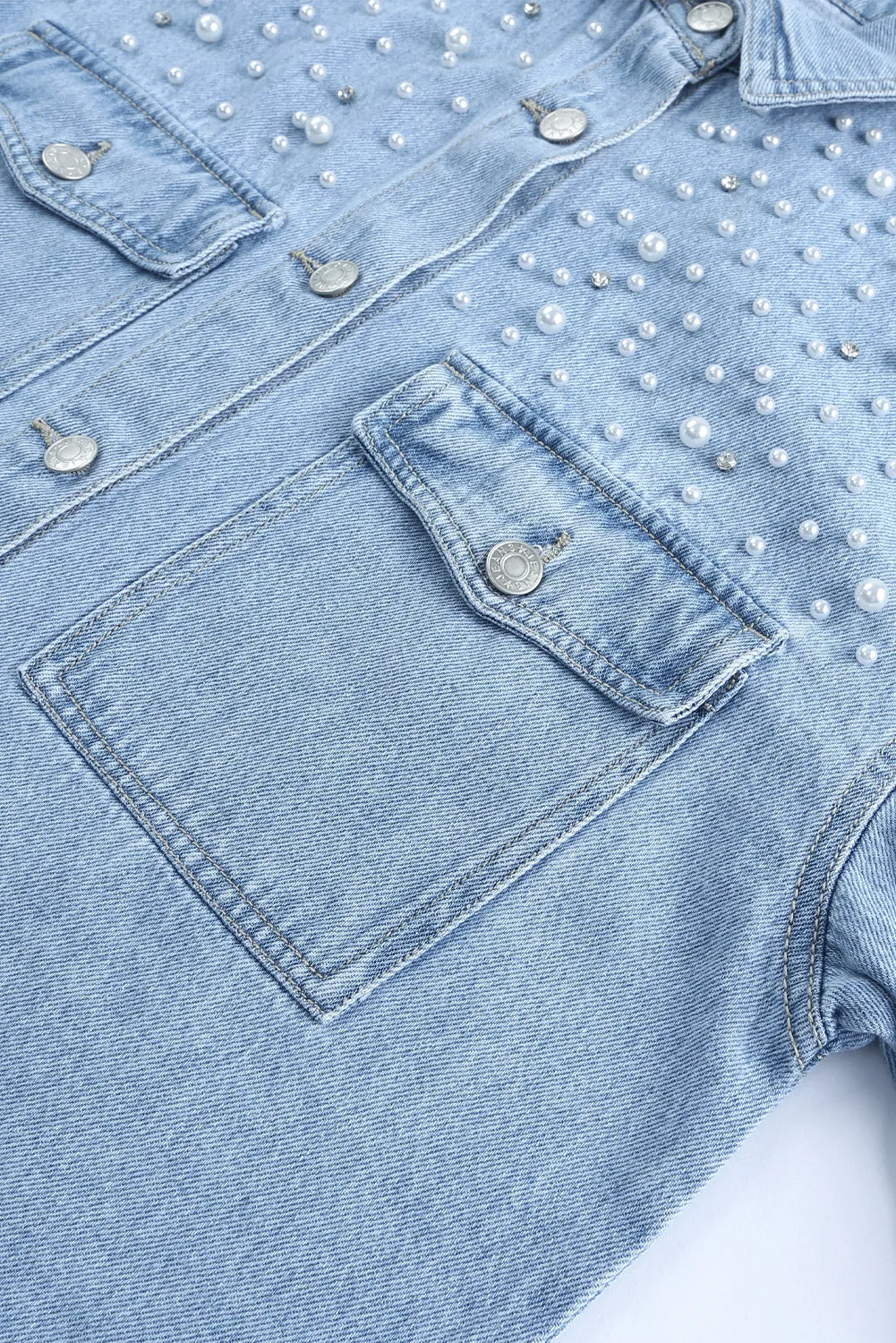 Blue Rhinestone Pearls Denim Shacket