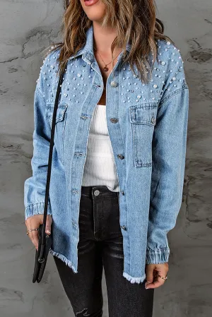 Blue Rhinestone Pearls Denim Shacket