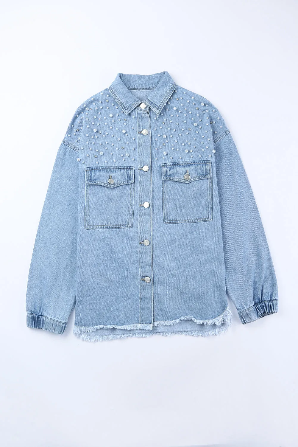 Blue Rhinestone Pearls Denim Shacket