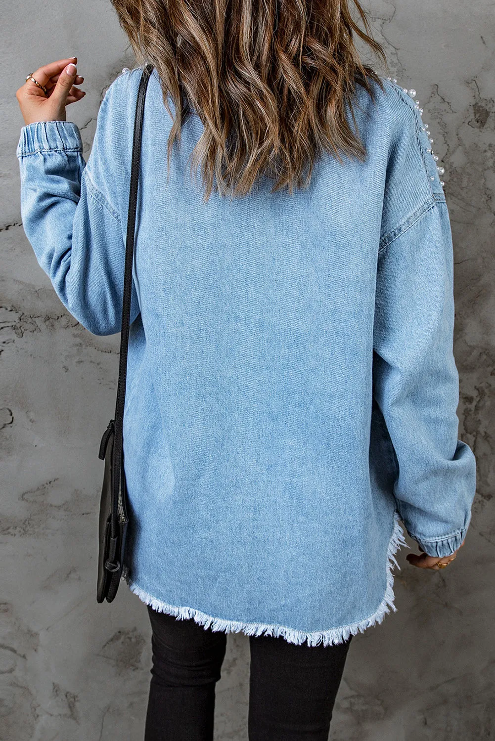 Blue Rhinestone Pearls Denim Shacket