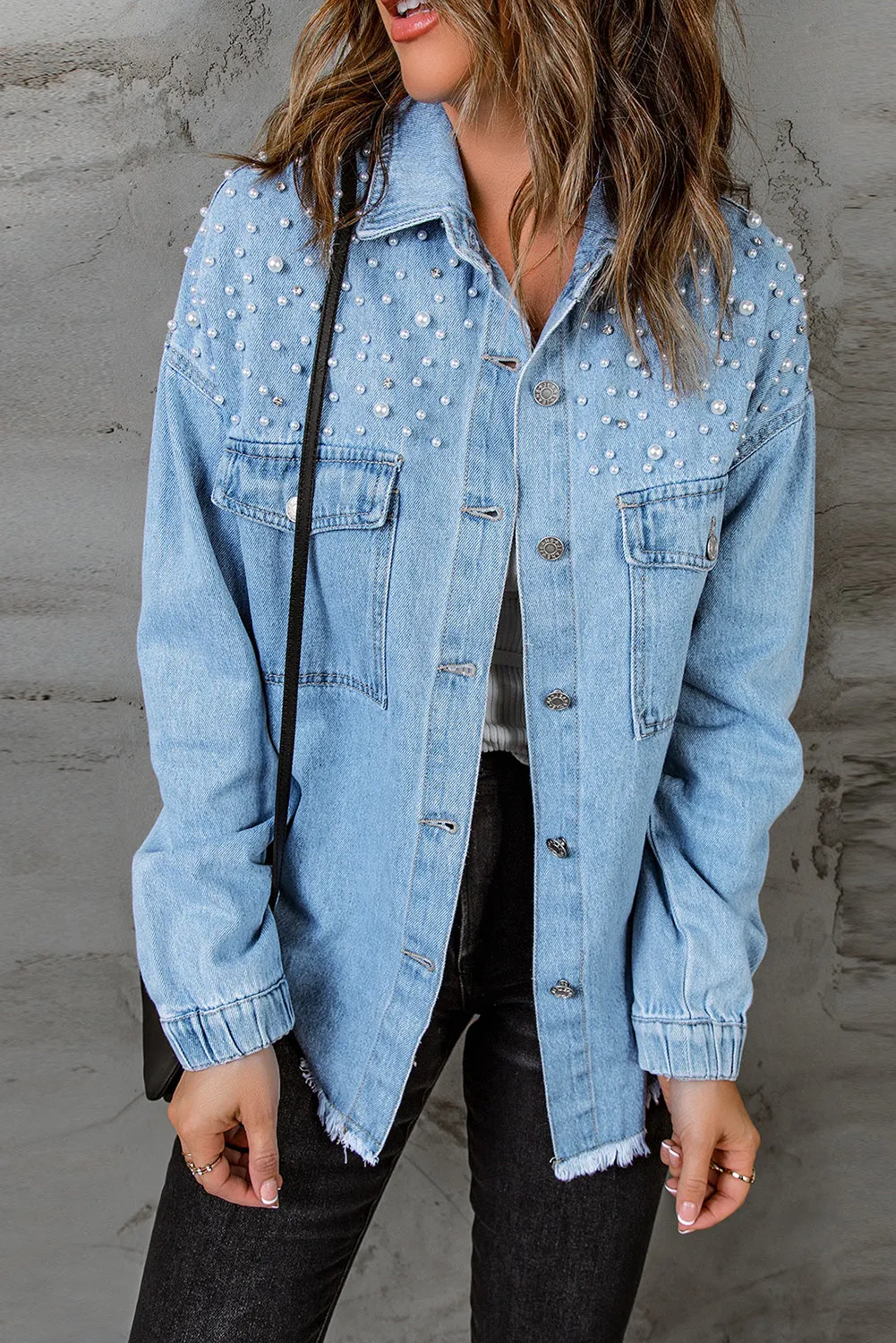 Blue Rhinestone Pearls Denim Shacket