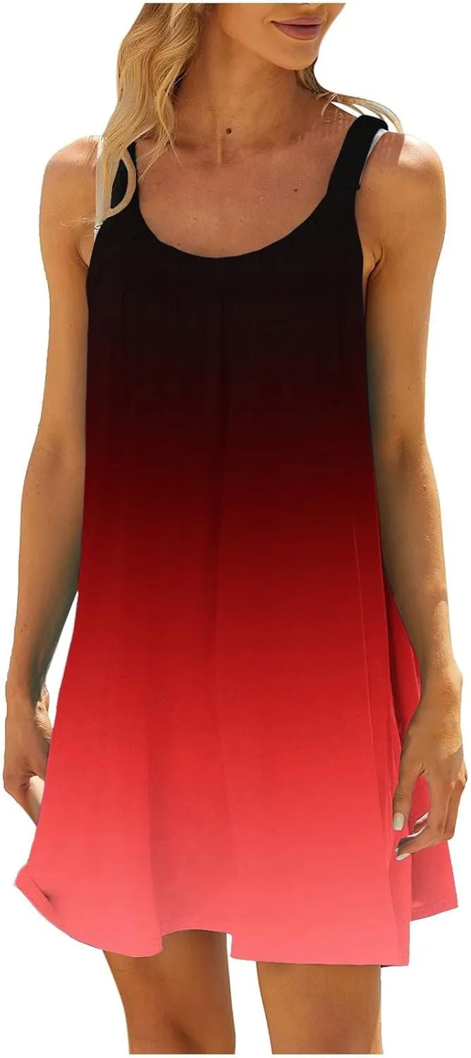 Boho Dresses for Women 2024 Printed Crewneck Sleeveless Sexy Mini Dress Beach Vacation Sundress Flowy Swing Cover Ups